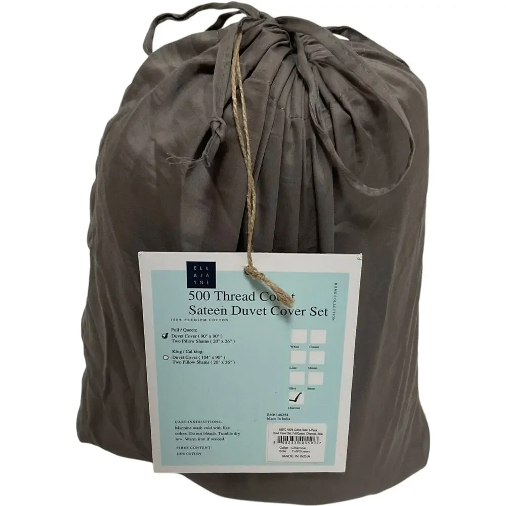 Ella Jayne Luxe Cotton Sateen 500 Thread Ct 3 Pc Duvet Cover Set Gray Full/Queen